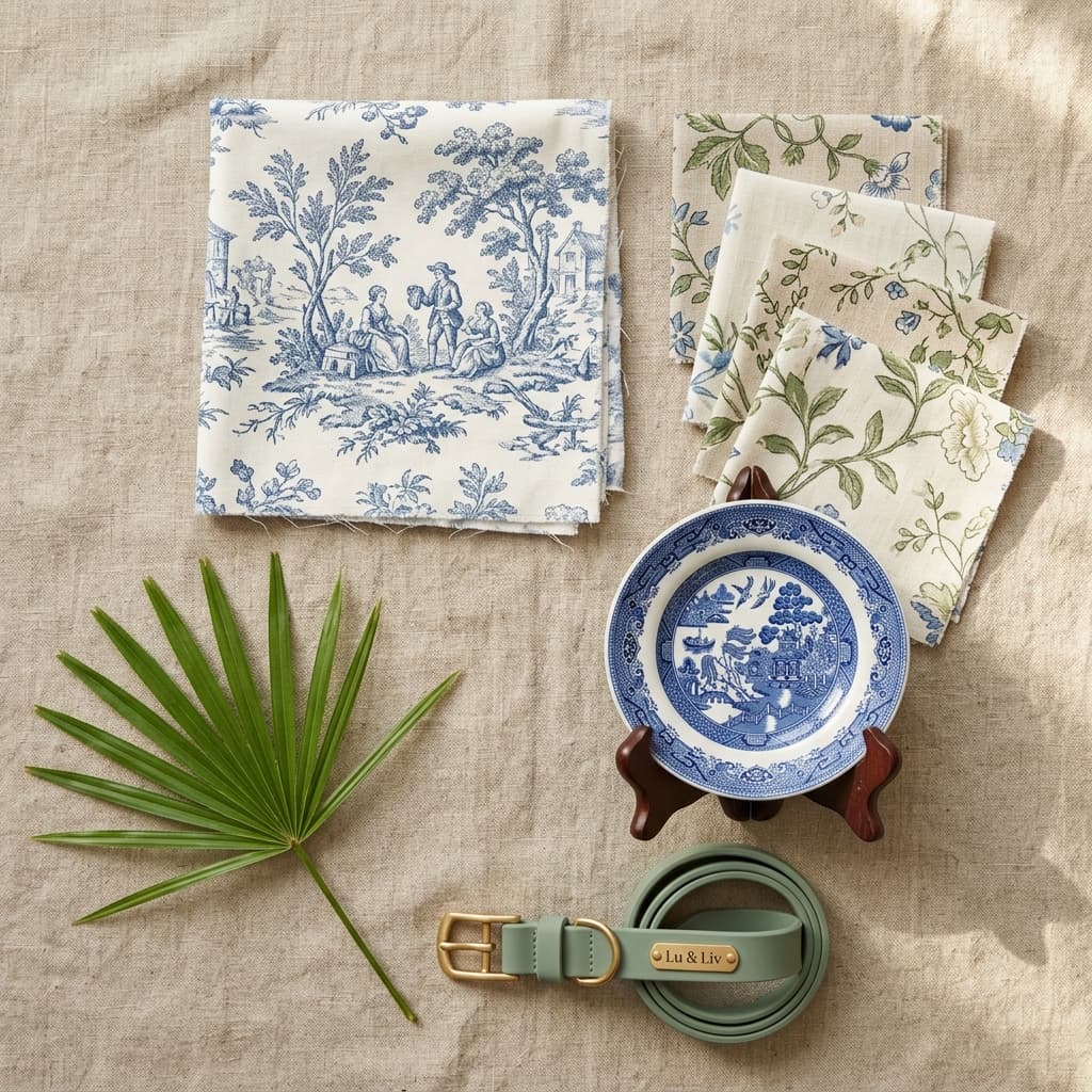 Detailed print swatches and collar flatlay close-up